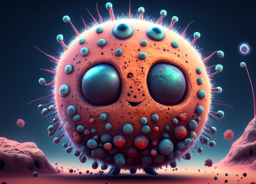 Cute bacterium called Reginald Ironmite with large blue eyes and little tentacles coming from it. The bacterium is red to orange and smiles. Detecting extraterrestrial life with FTIR and Raman, in this case Reginald Ironmite. 