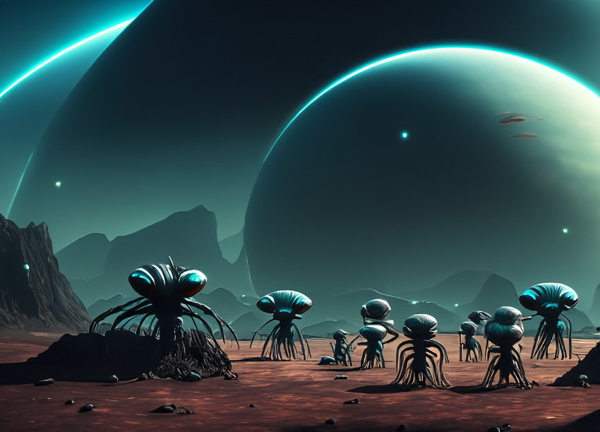 Alien planet with blue-green skies and three other planets or moons in green in the background. The foreground is a red planet similar to Mars. 10 futuristic aliens that resemble cyborgs with two large eyes are coming towards the reader. Detecting extraterrestrial life with FTIR and Raman would not be necessary in this case. 